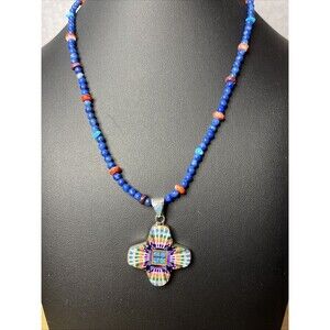 Micro Inlay Sterling Silver ART Shiny Oyster Lapis Turquoise Zia Necklace 18”
